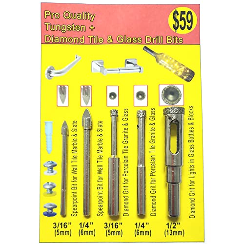 Diamond Tile Drill Bit Kit - Glass & Porcelain Set, 5 Pack: 3/16", "1/4", "1/2" Diamond Drill Bits for Ceramic, Porcelain, Granite & Bottles - size: 5pc Mixed Drill Kit