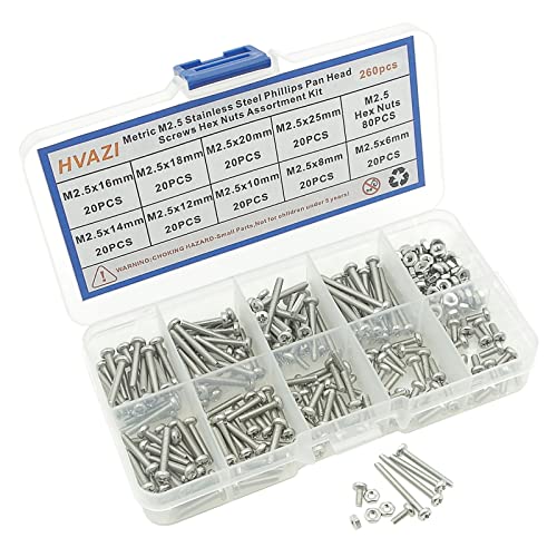 260PCS Metric M2.5 304 SS Phillips Pan Head Machine Screws & Nuts Kit | 9 Sizes 6-25mm Lengths 304 Stainless Steel Fully Threaded Pan Head Fasteners for PCB Electronics Arduino DIY Repair w/ Box - size: M2.5
