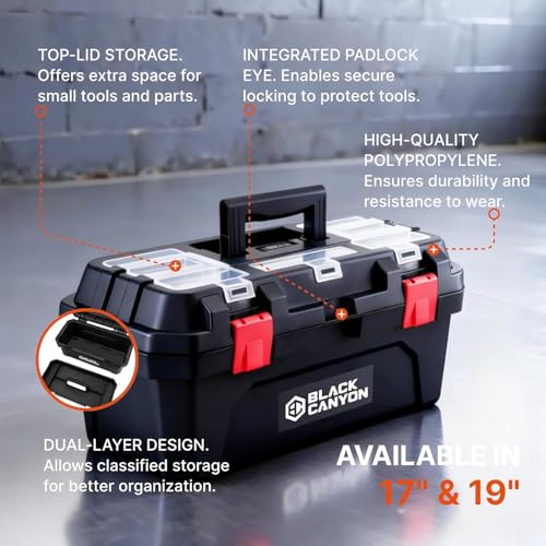 Black Canyon 17 Inch Plastic Tool Box, Support up to 44 lbs,Dual-Layer Design, Flexible for Stacking, Top-Lid Storage, Ideal for DIY, Workshop - size: 17 IN/PLAS