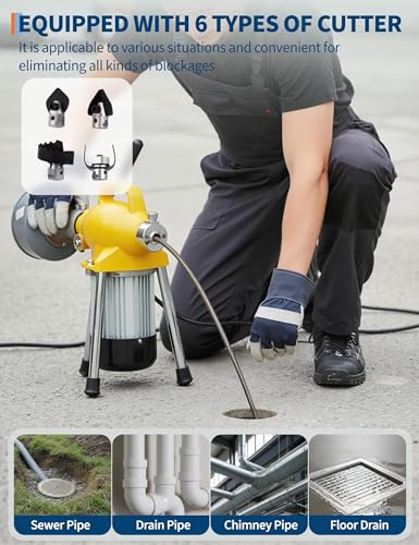 500W 400 RPM Auto Feed Electric Drain Cleaner Machine (66FT x 5/8" + 16FT x 3/8", Yellow and Sliver) - color: Yellow and Sliver