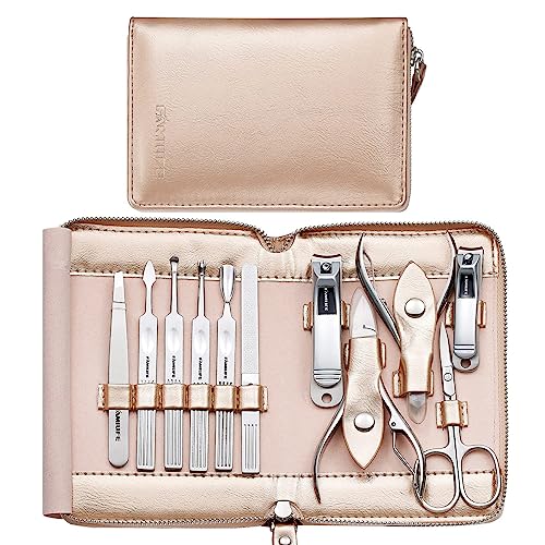 FAMILIFE Stainless Steel Manicure Set 11-in-1 Professional Nail Clipper Kit | Portable Leather Travel Case, Pedicure & Grooming Tools for Fingernails & Toenails, Luxury Gifts for Men & Women, Rose Gold - color: Gold