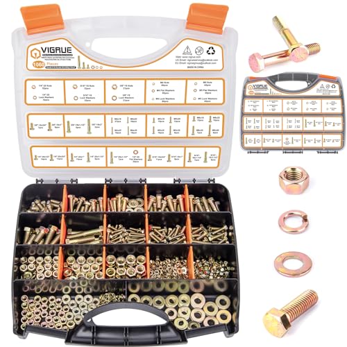 VIGRUE 1060PCS SAE & Metric Bolts Nuts Assortment Kit 1/4-20 5/16-18 3/8-16 and M6 M5 M4 Heavy Duty Assorted Hex Bolts Washers Nuts Fasteners Set with Portable Box, 25 Different Sizes - size: 1060PCS SAE & Metric Bolts