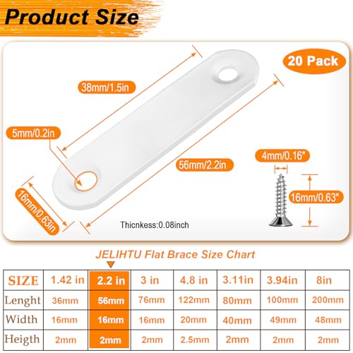 20 Pack White Flat Bracket 2.2" x 0.63" Straight Brace - color: White, size: 20 Pcs / 2.2 x 0.63 in