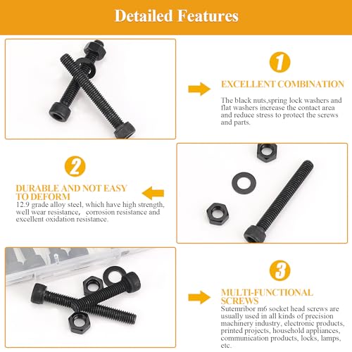 62-Piece M6 Hex Socket Head Cap Screws Nuts Washers Set - 30/35/40/45/50mm Long Black Assortment Kit - 12.9 Grade Alloy Steel, Fully Threaded - size: M6 Long Screws Kit, style: Socket Head