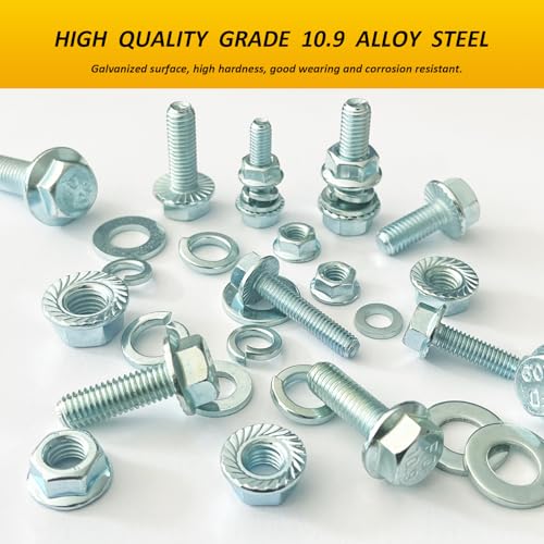 ZTF 300pcs Metric Flange Bolts and Nuts Assortment Kit, Heavy Duty Metric Machine Screws Nuts Washers, 10 Most Common Sizes Zinc Alloy Steel Grade 10.9 (Flange M6 M8 M10 Kit) - style: silver-M6 M8 M10 Flange Bolts