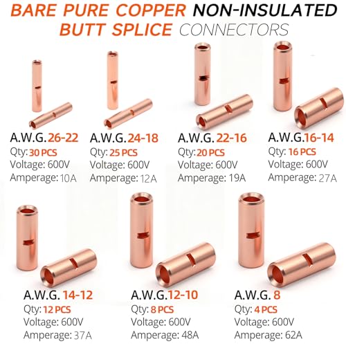 SVAAR 115 PCS 26-8 AWG Non-Insulated Butt Connectors Crimp Repair Butt Splices Kit, Uninsulated Butt Splice Connectors for 26 to 8 Gauge Wire, Heavy Duty Pure Copper Seamless Barrel Butt Terminals - color: Non-Insulated Splice - Bare Copper