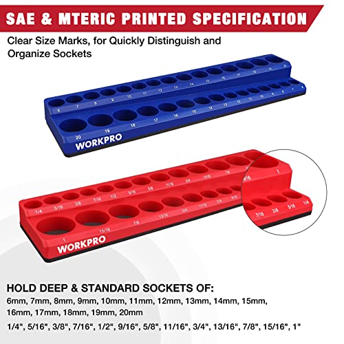 WORKPRO 3/8-inch Magnetic Socket Organizer Set, 2-Piece SAE & Metric Socket Holders, Holds 56 Standard and Deep Sockets for Tool Box, Tool Carts (Sockets Not Included) - size: 3/8" SAE&Metric