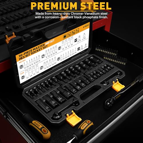 36-Piece Impact Hex Bit Socket Set Includes Socket Adapter, 1/4", 3/8", 1/2", SAE and Metric, H2-H19 & 3/4"-5/64", Cr-V Steel, Reinforced Storage Case, Automotive Mechanic Professional Tool Set - color: 36-piece Black