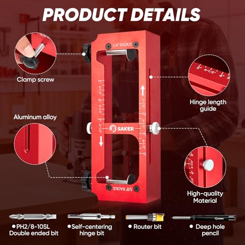 Saker Door Hinge Jig and Deep Hole Pencil Set,Aluminum Alloy Doors Hinges Router Jig,Adjustable Doors Jamb Hinge Jigs,Fits Door Hinges from 2.5" to 5" Length and Thicknesses,Radius 1/4” or Radius 5/8” - size: Door Hinge Jig and Deep Hole Pencil