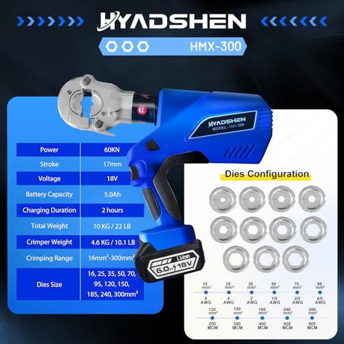 Electric Hydraulic Cable Lug Crimper Pliers Rechargeable Crimping Tool 6 Ton Electrical Terminal Cable Wire Fiber Crimper Kit with 11 Dies (HMX-300)
