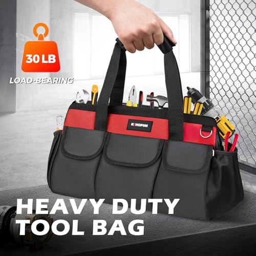 Kingfun 16 Inch Heavy Duty Wide Mouth Tool Bag with 14 Pockets - color: Red