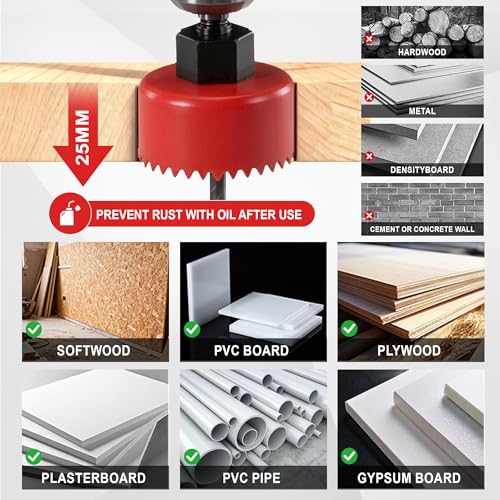 KATA 8PCS Hole Saw Kit 1" to 2-1/8" Hole Saw in Case for Wood, PVC, Plywood - color: 8PC-Red Coated