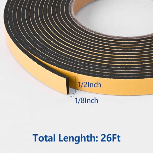 Self Adhesive Foam Tape Weatherstrip 1/2in x 1/8in x 26Ft High Density Foam Insulation Strips Foam Seal Weather Stripping with Strong Adhesive for Door and Window Sound Isolation Soundproofing - size: 1/2in x 1/8in x 26Ft