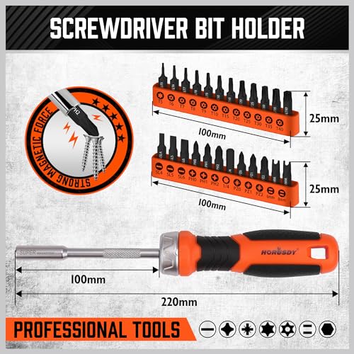 HORUSDY 25-Piece Security Torx Screwdriver Bit Set | T5-T40 Torx Bit Set 1/4 inch Ratcheting Magnetic Bit Driver | 12Pcs T-Drive Bits and 12Pcs Common Bit - style: Torx Bit Set