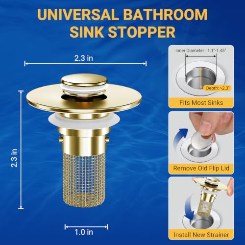 Bathroom Sink Drain Strainer, Pop-Up Bathroom Sink Stopper with Removable Stainless Steel Hair Catcher Basket, Universal Fit for US Bathroom Sinks, Showers & Floor Drains (2pcs-Gold) - color: 2pcs-gold