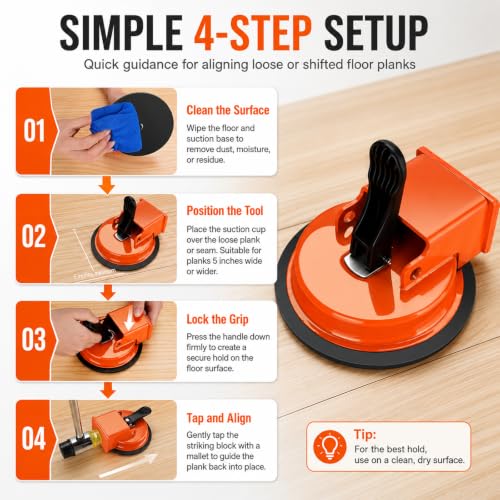 Floor Gap Fixer Tool Kit, Heavy Duty Suction Cup Gap Puller with Rubber Mallet & 5 Reusable Sticky Pads, Fast DIY Laminate & Vinyl Floor Repair Kit to Close Floor Gaps Without Contractor