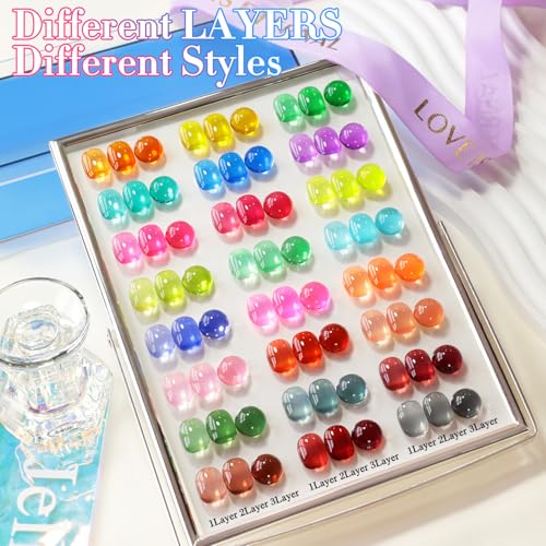 Double Rhythm 28Pcs 0.5Oz Gel Nail Polish Set Same Color Same Bottle Gel Polish Kit Nail Art Manicure Salon DIY at Home for Women (Neon Jelly Sheer Collection-T24-11) - color: Bright Red Green Blue