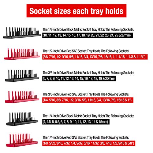 AIUITIO 6PCS Socket Organizer Tray Set, Red SAE & Black Metric Socket Storage Trays, 1/4-Inch, 3/8-Inch & 1/2-Inch Drive Deep and Shallow Socket Holders for Toolboxes - size: 170 Socket Capacity