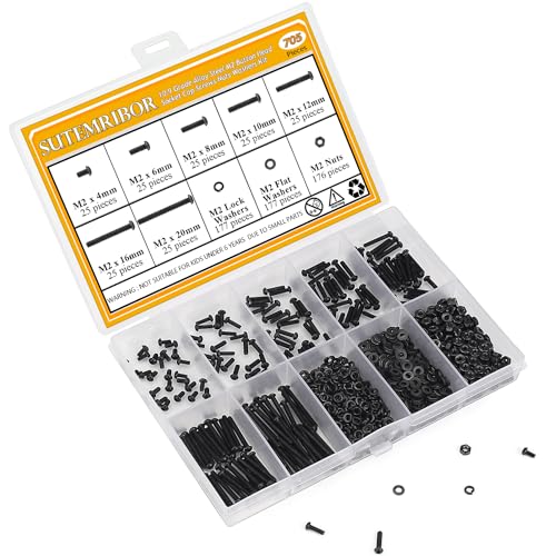 705 Pieces M2 Screws Nuts Washers Set Black, Sutemribor M2 x 4/6/8/10/12/16/20mm Button Head Socket Cap Screws Nuts Washers Assortment Kit, 10.9 Grade Alloy Steel, Fully Threaded - size: M2 x 4/6/8/10/12/16/20mm Kit, style: Button Head