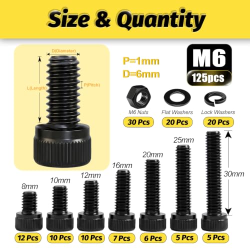 KADRICK 125PCS M6 Screws Kit,Hex Socket Head Cap Bolts Nuts Washers Kit - size: M6 125Pcs