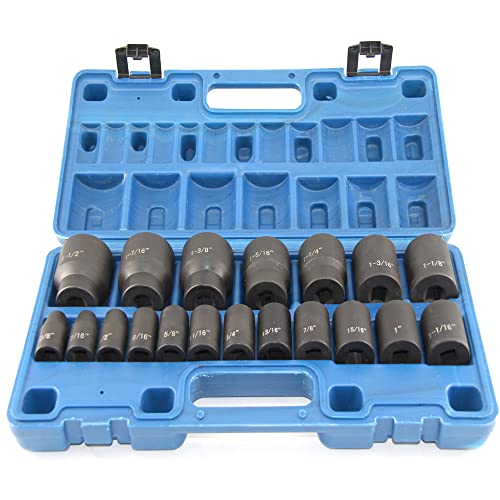 MacWork 19 Piece 1/2-Inch Drive Standard/Shallow Impact Socket Set, SAE, 3/8" to 1-1/2", CR-V&Cr-Mo Alloy Steel, 6-point Hex Radius Corner Design