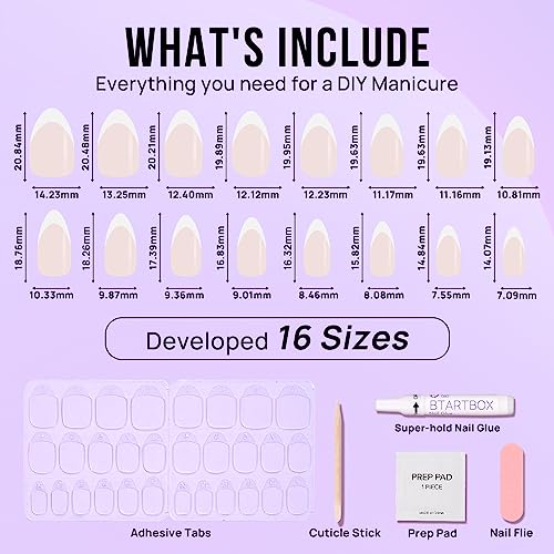 BTArtbox Press On Nails, White French, Short Almond, French Tip, 32Ct