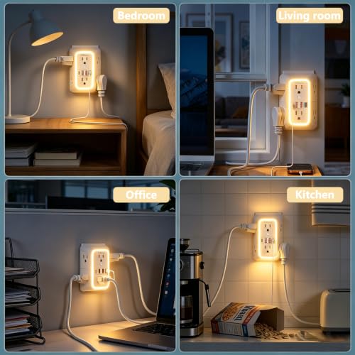 Multi Plug Outlet Surge Protector, 6 Outlet Extender and 4 USB with PD30W USB-C Fast Charging, 3-Sided 1050J Surge Protector Power Strip with Night Light for Home Travel Office-ETL - color: White-30W-1Pcs