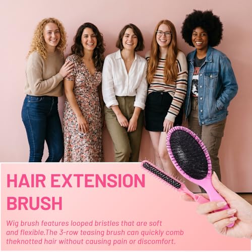 SIMPOR 3 PCS Wig Brush Comb Set, Hair Wig Comb Set for Synthetic, Professional Extension Loop Brush 3 Row Wire Brushes for Human and Synthetic Hair - color: Pink