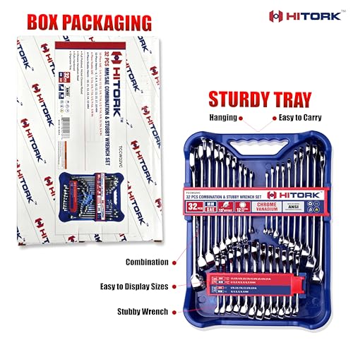 HITORK 32 Piece Combination Wrench Set, SAE and Metric, Standard and Stubby - style: 32 Piece Set SAE & Metric