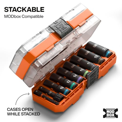 Klein Tools 65109IMPCTM KNECT Deep-Well 3/8-Inch Drive Impact Socket Set, Metric, 9-Piece Tool Set with Impact Driver Adapter, Multi-Purpose Wrench Adapter, Color-Coded, MODbox Socket Organizer - style: 9-Piece Metric Set