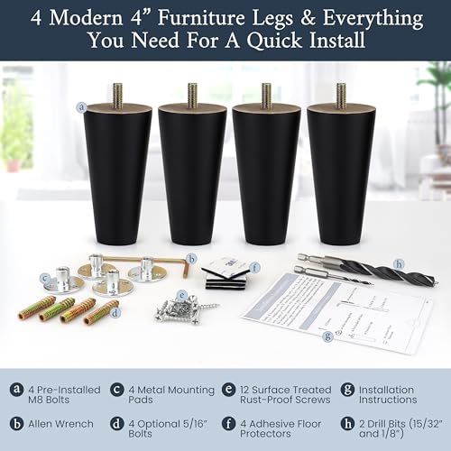 Airy Abode Premium Black Wood Furniture Legs (Full Install Kit) - Pick Your Size and Color - color: Black, size: 4 Inches
