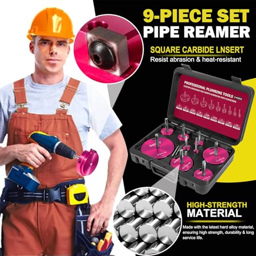 Premium 9-Piece PVC Pipe Reamer Kit, Includes Sizes 1/2", 3/4", 1", 1-1/4", 1-1/2", 2", 2-1/2", 3", 4", For Standard 1/2" Drills, Ideal for PVC, CPVC, ABS Pipes, Perfect for Plumbing Repairs
