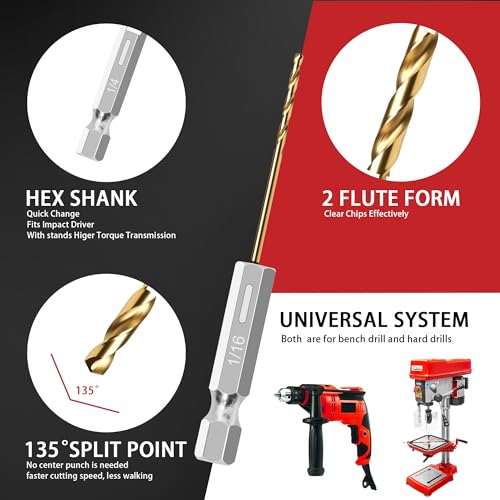 13PC 1/16" Titanium Coated Twist Hex Shank Drill Bit Set - size: 1/16-13pcs
