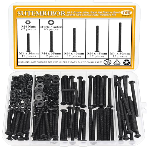 185 Pieces M4 x 30/35/40/45/50mm Button Head Socket Cap Screws Nuts Washers Set Black, Sutemribor M4 Long Screws, M4 Black Screws Nuts Washers Assortment Kit, 10.9 Grade Alloy Steel, Fully Threaded - size: M4 x 30/35/40/45/50mm Kit, style: Button Head