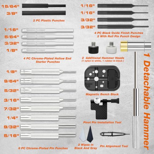 BESTNULE 26pc Roll Pin Punch Set with Bench Block & Pivot Pin Tool & Hammer - size: 26-piece set