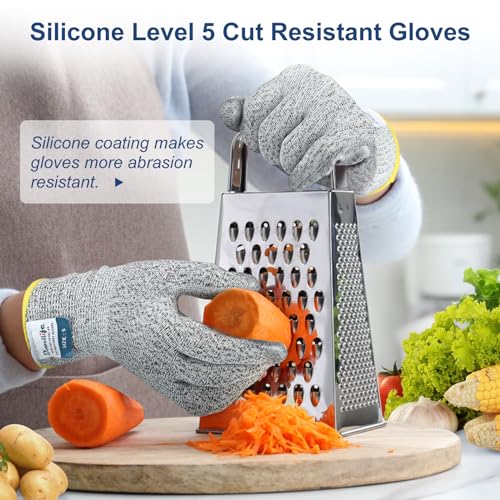 Dowellife Level 5 Cut Resistant Gloves with Silicone Coating, Food Grade Kitchen Knife Safety Gloves, Work Gloves for Chef, Mandoline Oyster Shucking Meat Cutting Wood Carving (Gray X-Large), Grey - size: X-Large (Pack of 1), style: Silicone Coated