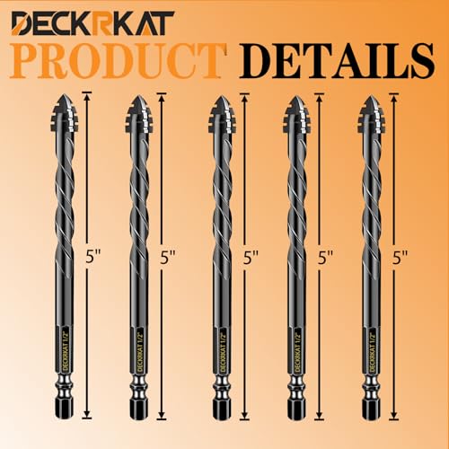 DECKRKAT Upgraded 5-Piece 1/2 Inch Black 4-Flute Serrated Masonry Drill Bits - Concrete, Tile, Glass, Brick, Ceramic, Plastic, Wood - size: 5 Piece 1/2", style: 4-Flute Serrated Drill Bit