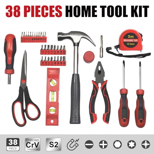 SPICIMOMO Basic Home Red Tool Kit - 38 Pieces Tool Set with Portable Storage Boxes for Daily Repairing and Maintenance, Home DIY Tool Kit Set for Office & Garage
