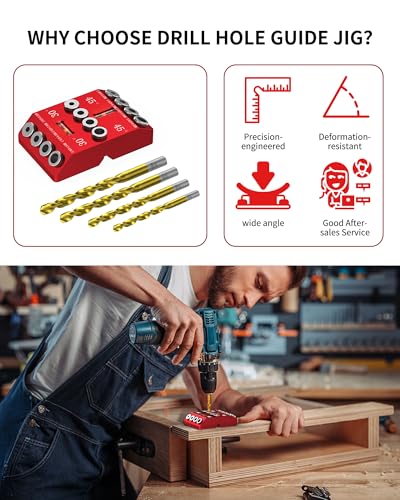 30 45 90 Degree Angle Drill Guide Jig for Hand Drill, Angle Drill Guide for Straight Holes and Angle Drilling, used for Stairs Handrails, Cable Railings, Decks, and Wood Posts Level design，with 4 Bits - color: Aluminum Red