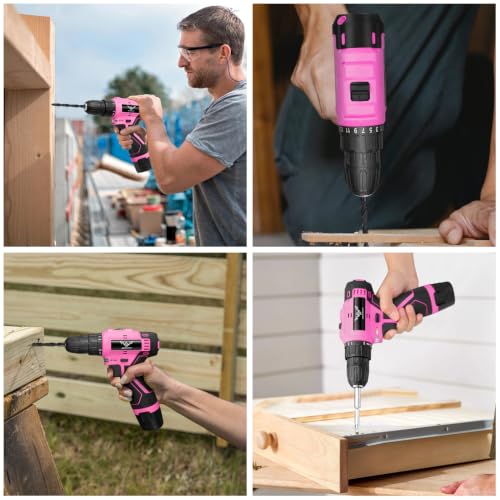 JENABOM Drill Set, 151-Piece Home Tool Set with 12V Pink Cordless Drill - color: Pink