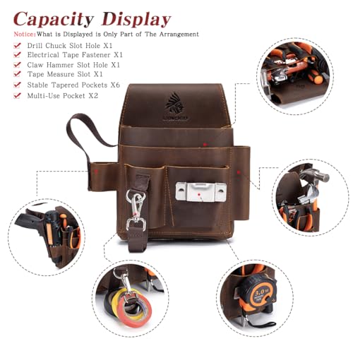 Genuine Leather Electrician Tool Pouch and Belt, Adjustable Leather Tool Belt with Multi-Pockets for Electricians, Brown - size: Small