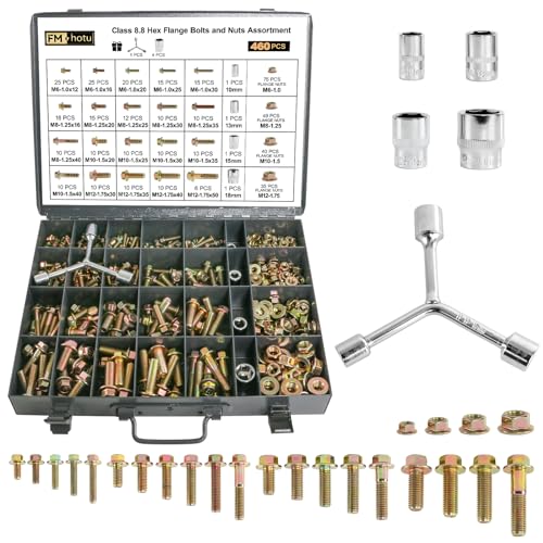 FMhotu 460Pcs Nuts and Bolts Assortment Kit, Metric Grade 8.8 Flange Hex Bolts and Nuts Set, M6 M8 M10 M12, 21 Sizes, Comes with 1 Y-Wrench and 4 Bits - size: 460pcs M6 M8 M10 M12