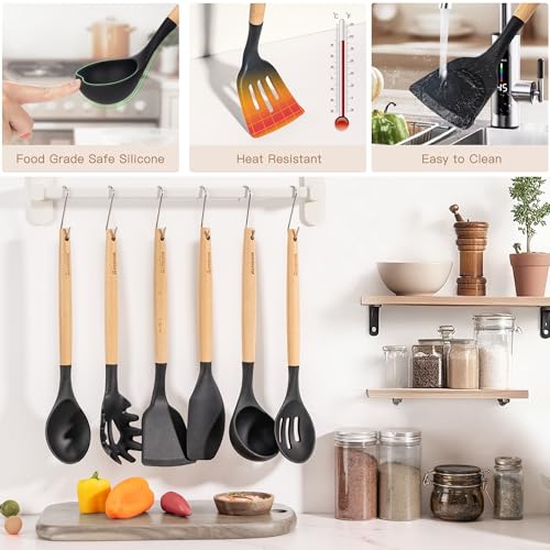 Astercook 39 PCS Kitchen Utensils Set, Silicone Cooking Utensil Sets with Wooden Handle, 446°F Heat Resistant Food Grade Spatula Set, BPA Free Kitchen Gadgets Tools Set & Spoons for Nonstick Cookware - color: Black