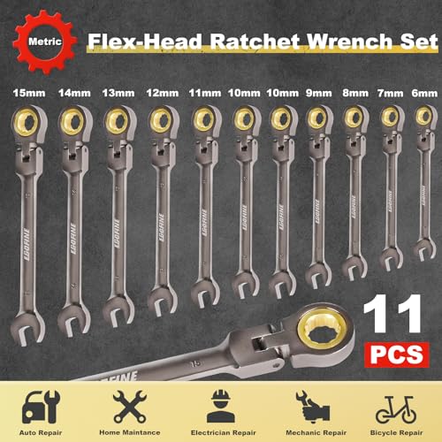 Egofine Flex Head Ratcheting Wrench Set 11 Piece, Metric Wrench Set, CR-V Steel 6-15mm Wrench, 72-Teeth Combination wrench set, Nickel Plating Ratchet Wrenches Set with Tool Roll Bag - size: Metric-11 piece set
