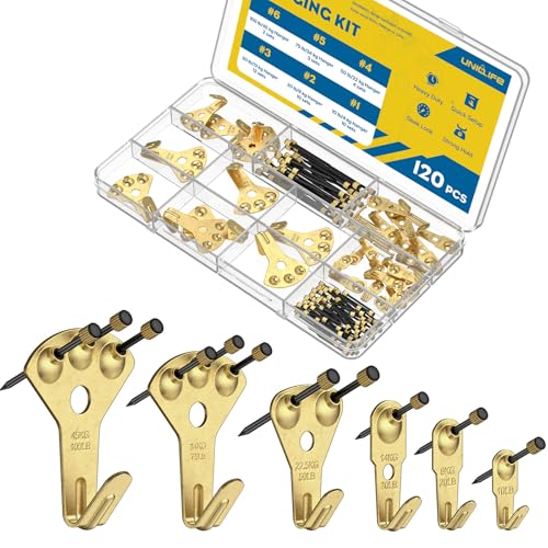 Uniclife 120 Pcs Picture Hanging Kit, 10 lb, 20 lb, 30 lb, 50 lb, 75 lb, 100 lb Heavy Duty Picture Hangers for Drywall & Wood, Picture Hanging Hooks, Frame Hooks for Hanging Photos Mirrors Paintings - size: 120 Pcs, style: Gold