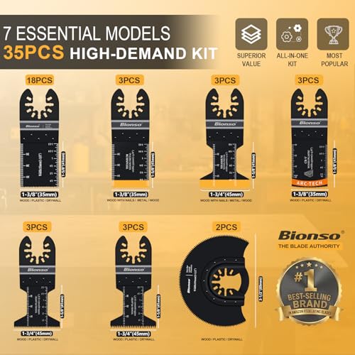 Bionso 35PCS Oscillating Tool Blade Cuts Wood and Metal, Sharp and Durable Titanium Multitool Blades, Multi Tool Blades Kits, Oscillating Saw Blades Fit Dewalt Milwaukee Ryobi Makita Worx Rockwell