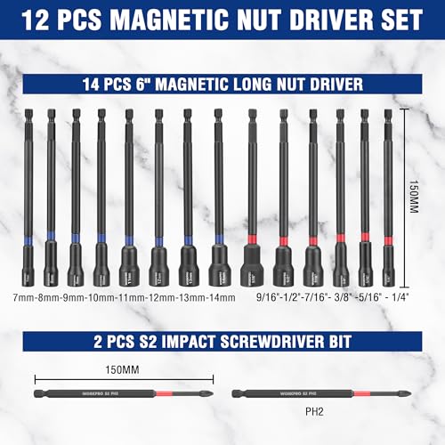 WORKPRO 16 PCS Magnetic Nut Driver Set, 6" Long Nut Drivers & Power Bits - size: 16PCS Magnetic Long Nut Driver Set