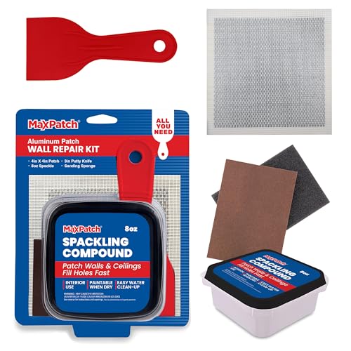 MaxPatch® Drywall Repair Kit, 4-Piece Set – Includes Self-Adhesive Aluminum Patch, 8 oz Spackle, 100% Recycled 3" Putty Knife, and Sanding Sponge – Multi-Purpose Wall Repair for Drywall, Plaster