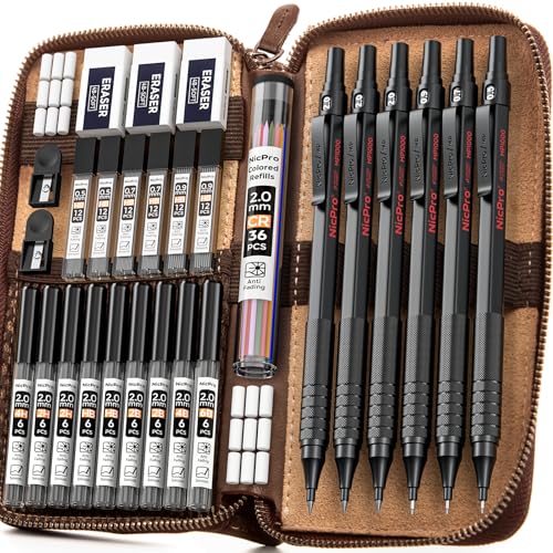Nicpro 30PCS Black Metal Mechanical Pencil Set in Leather Case - color: Black