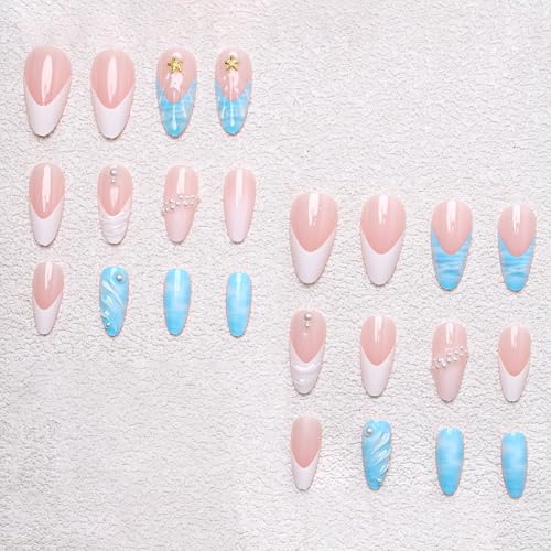 3D Blue Press on Nails Almond Medium French Tip Fake Nails - color: 3D Embossed design 12
